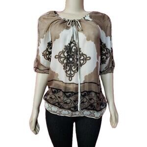 HALE BOB Beige Black Brown Silk Women's Tunic Top Blouse XS Slit Sleeve NEW #C